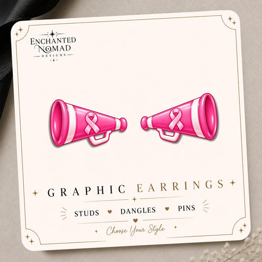 Pink Ribbon Megaphone Earrings & Pins on original display card