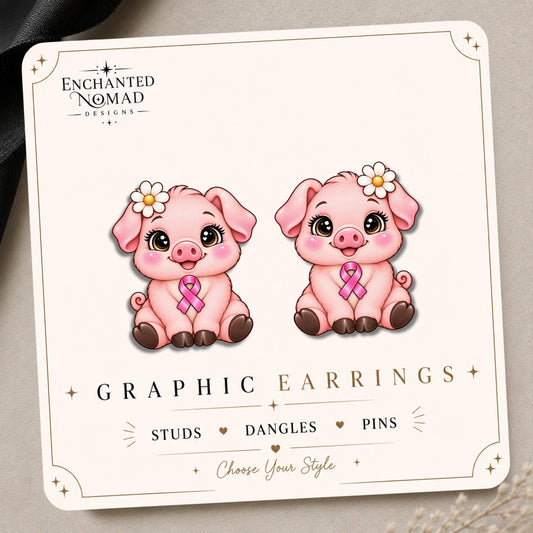 Pink Ribbon Sitting Pig Earrings & Pins on original display card