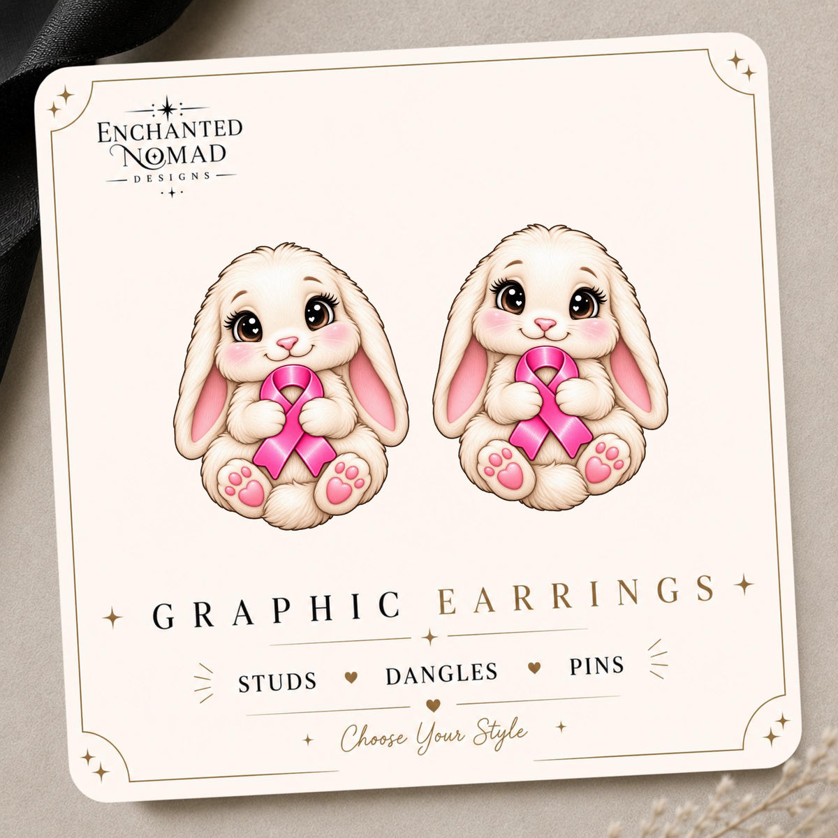 Pink Ribbon Bunny Earrings & Pins on original display card