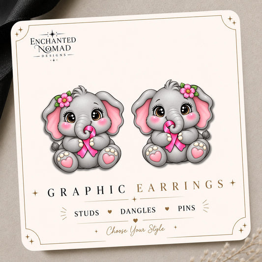 Gray Elephant with Pink Ribbon Earrings & Pins on original display card