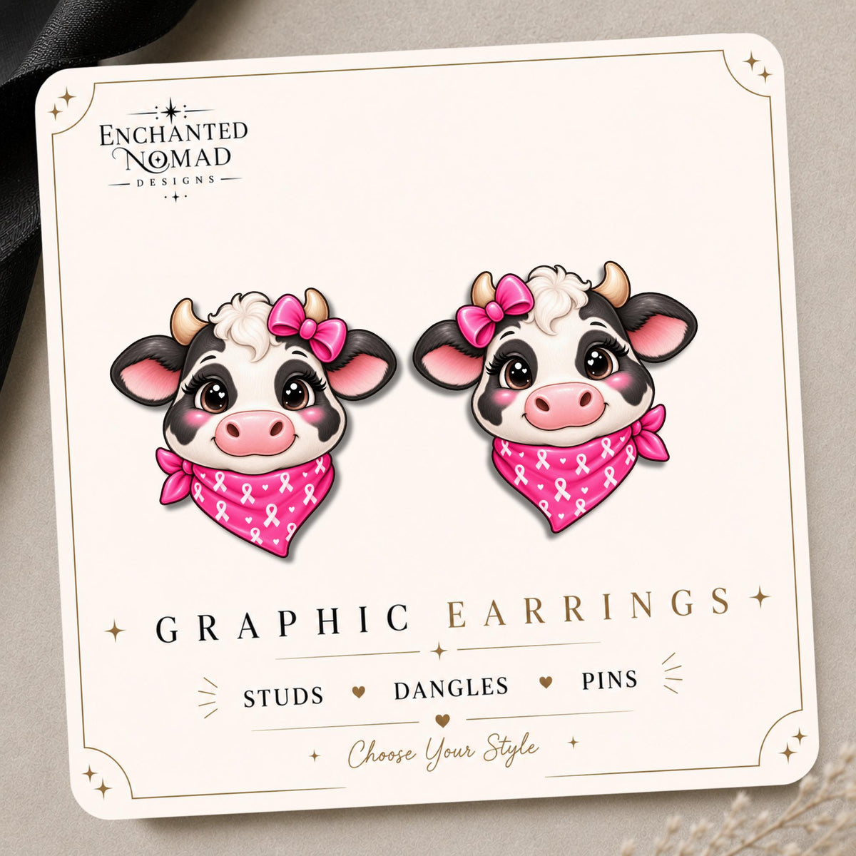 Pink Ribbon Cow Earrings & Pins on original display card