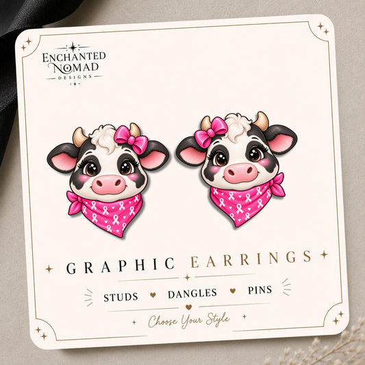 Pink Ribbon Cow Earrings & Pins on original display card
