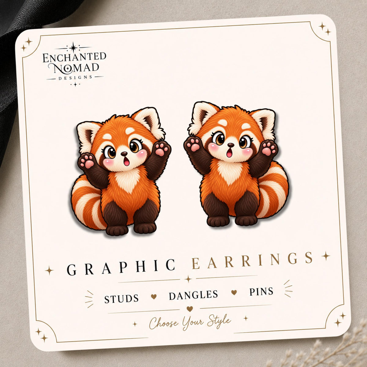 Waving Red Panda Earrings & Pins on original display card