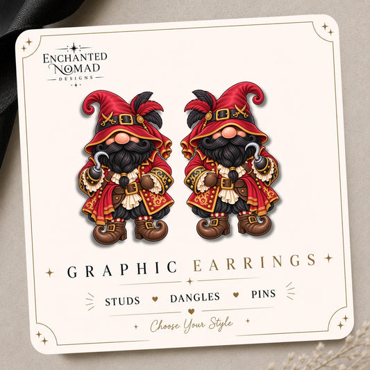Crimson Captain Gnome Earrings & Pins on original display card