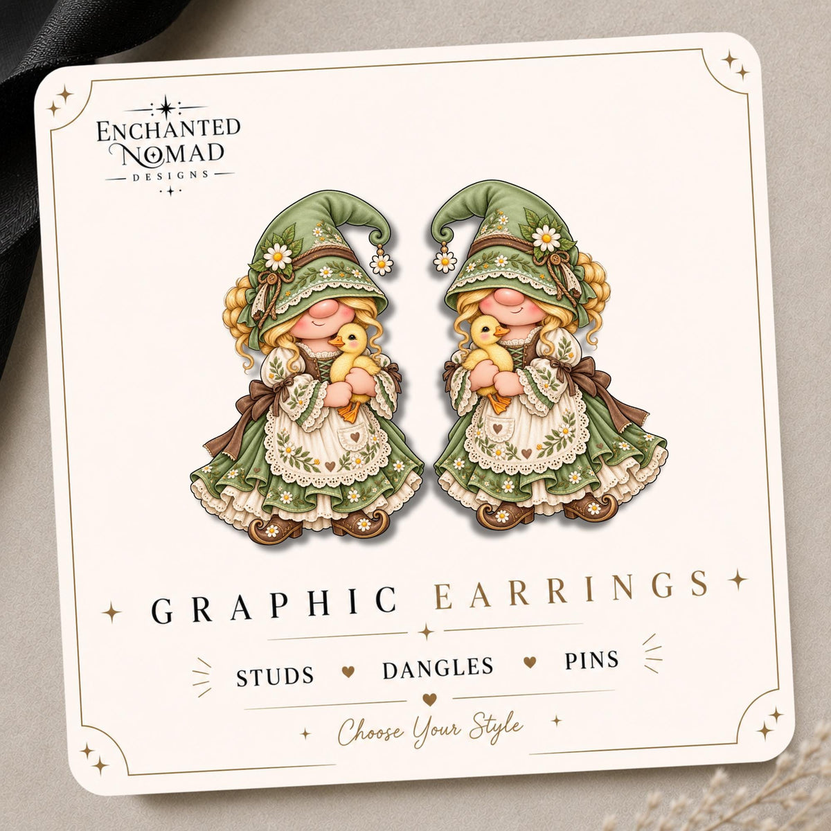 Cottage Garden Duck Gnome Earrings & Pins on original display card