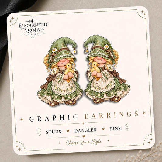 Cottage Garden Duck Gnome Earrings & Pins on original display card