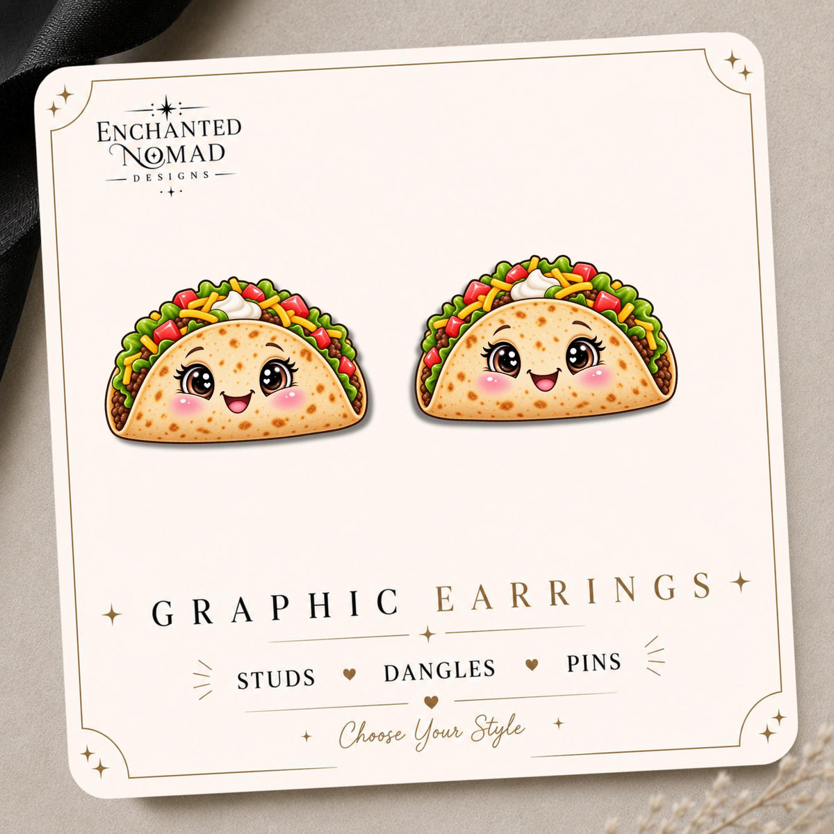 Kawaii Taco Earrings & Pins on original display card