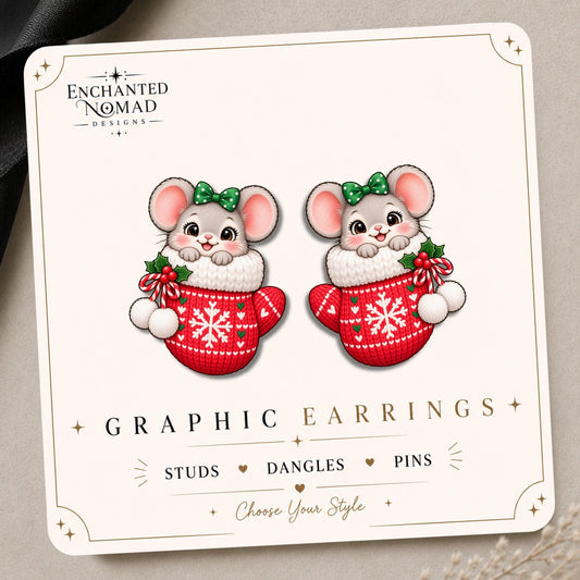 Cozy Christmas Mouse Earrings & Pins on original display card