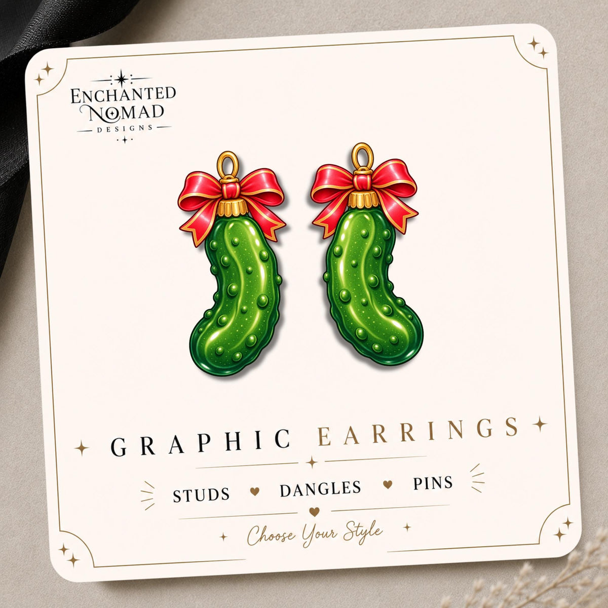 Christmas Pickle Ornament Earrings & Pins on original display card
