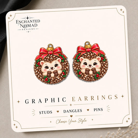 Christmas Hedgehog Earrings & Pins on original display card
