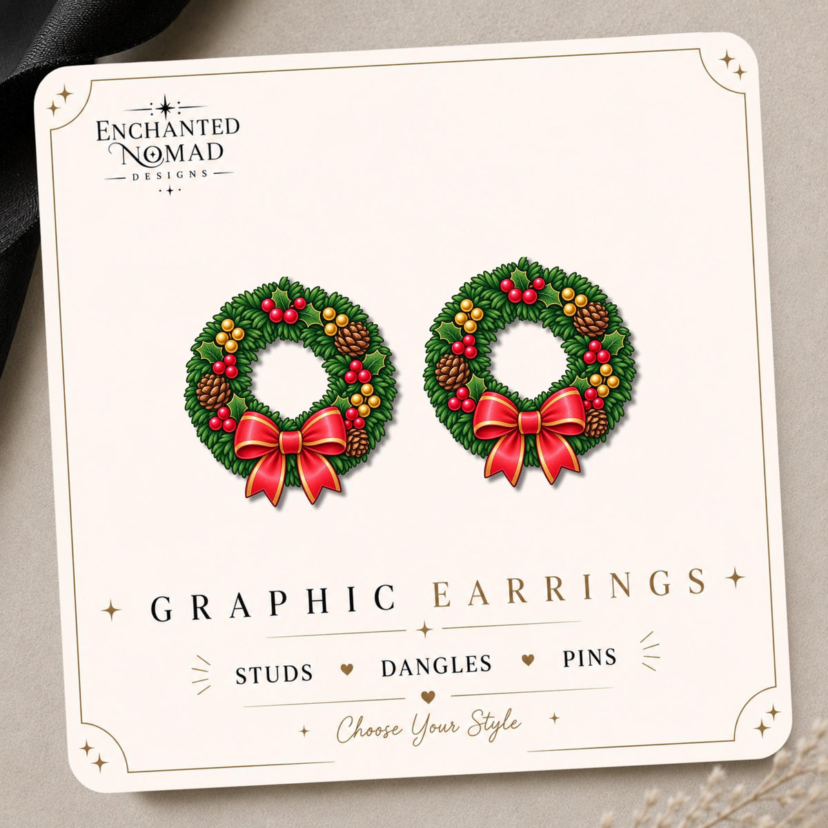 Christmas Wreath Earrings & Pins on original display card