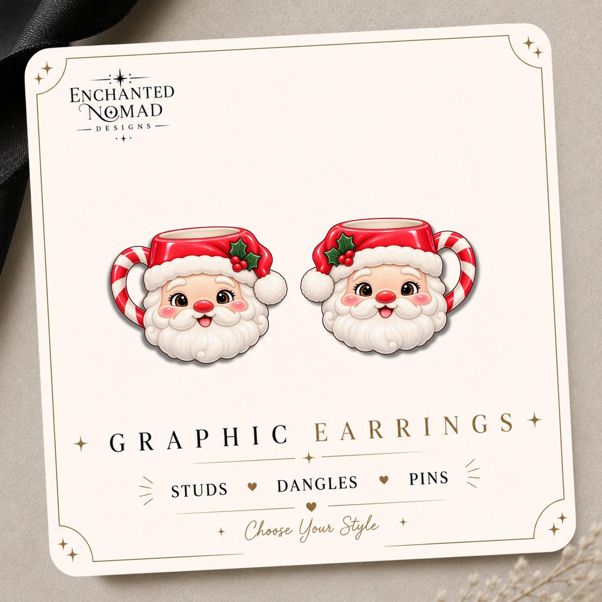 Santa Mug Earrings & Pins on an Enchanted Nomad Designs product display card