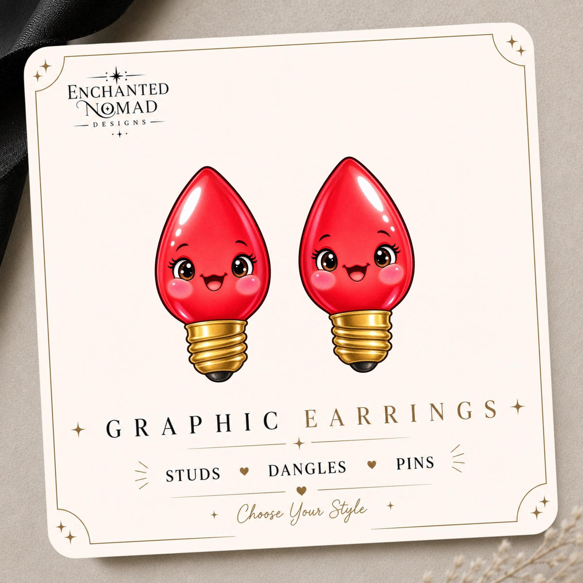 Red Christmas Light Bulb Earrings & Pins on original display card