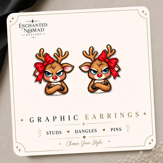 Grumpy Reindeer Earrings & Pins on original display card