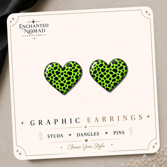 Neon Green Leopard Heart Earrings & Pins on original display card