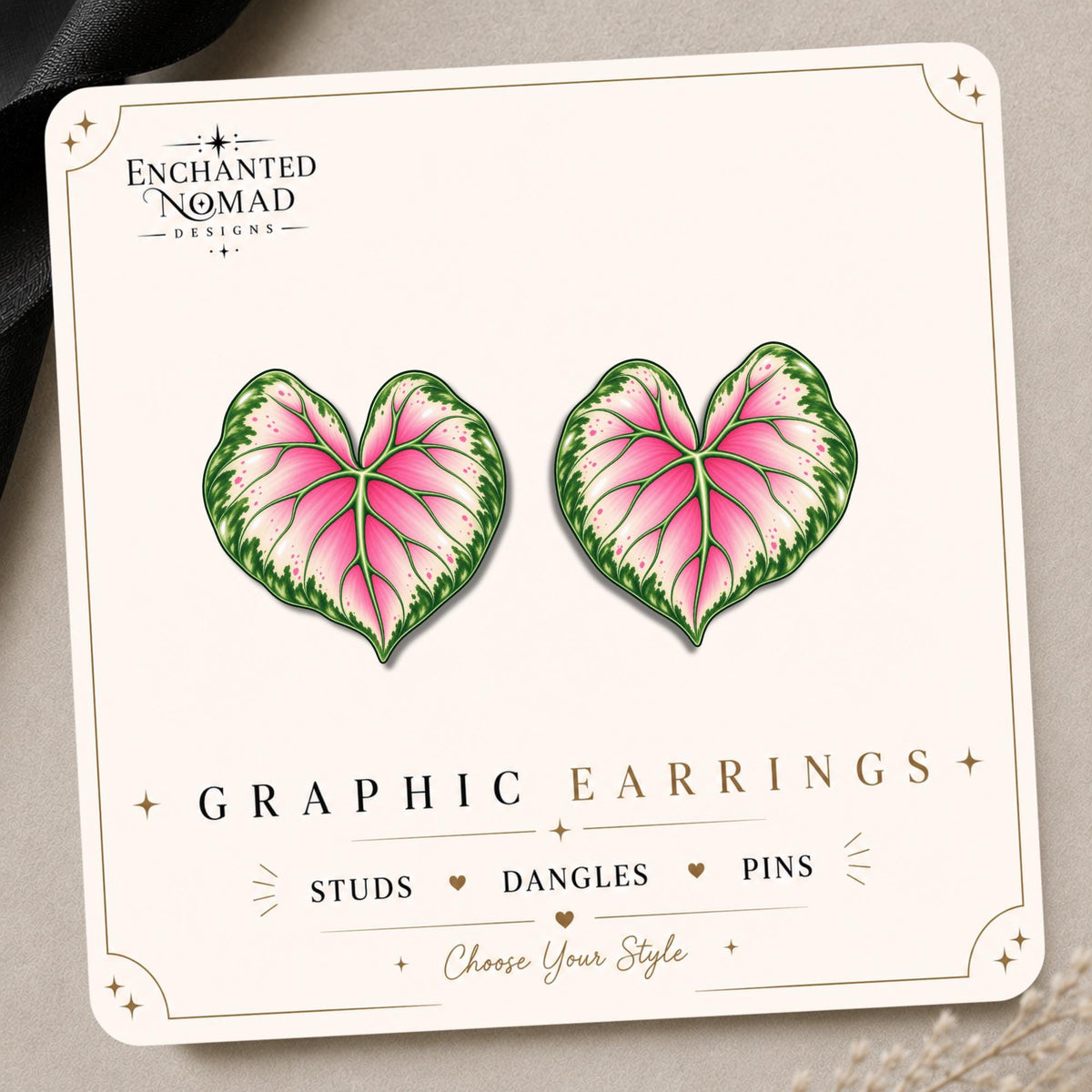 Pink Caladium Leaf Earrings & Pins on original display card