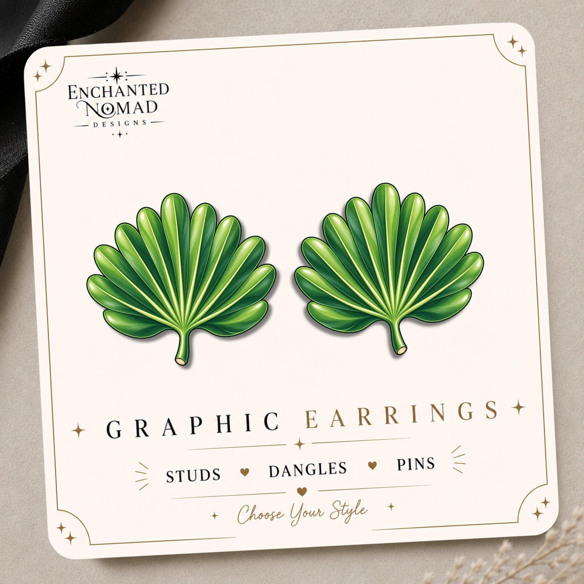 Fan Palm Leaf Earrings & Pins on original display card