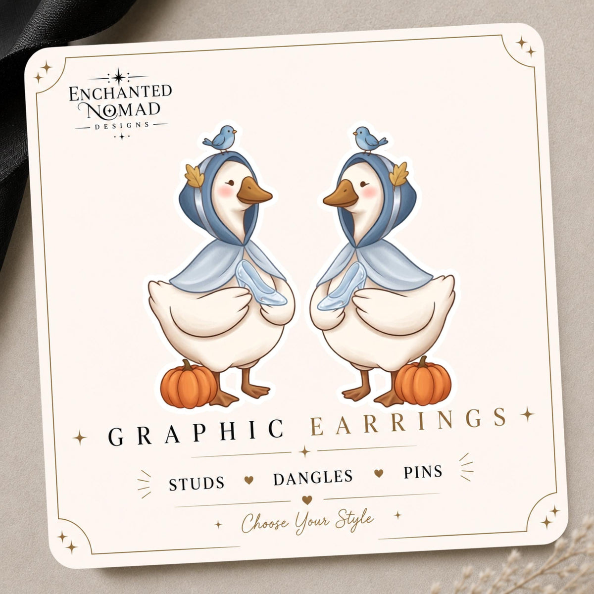 Blue Hood Pumpkin Goose Earrings & Pins on original display card