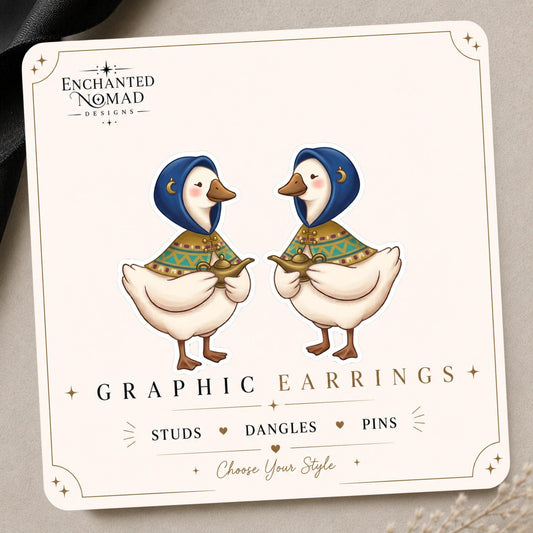 Magic Lamp Goose Earrings & Pins on original display card