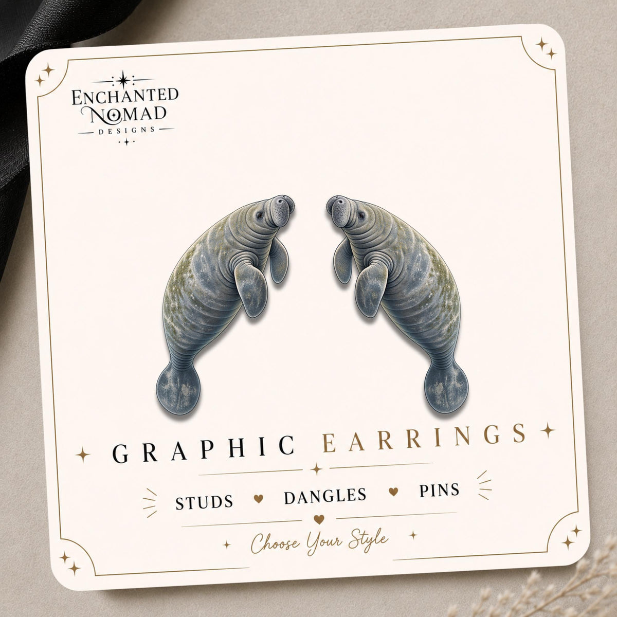 Manatee Earrings & Pins on original display card