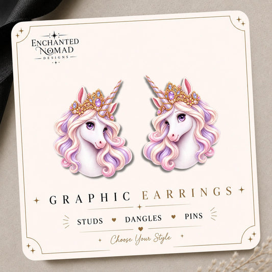 Princess Unicorn Earrings & Pins on original display card