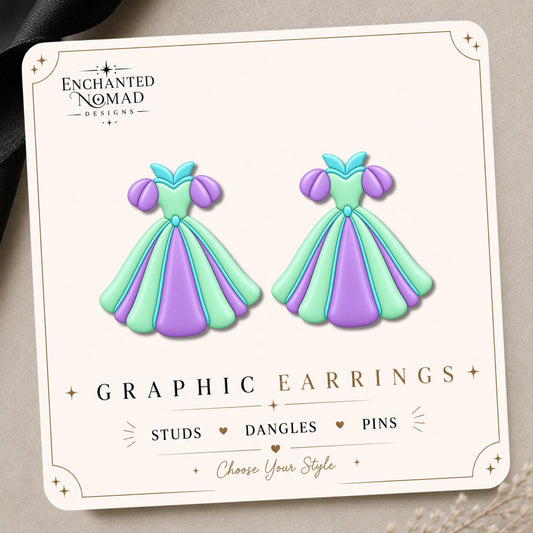 Mint Purple Princess Dress Earrings & Pins on a display card