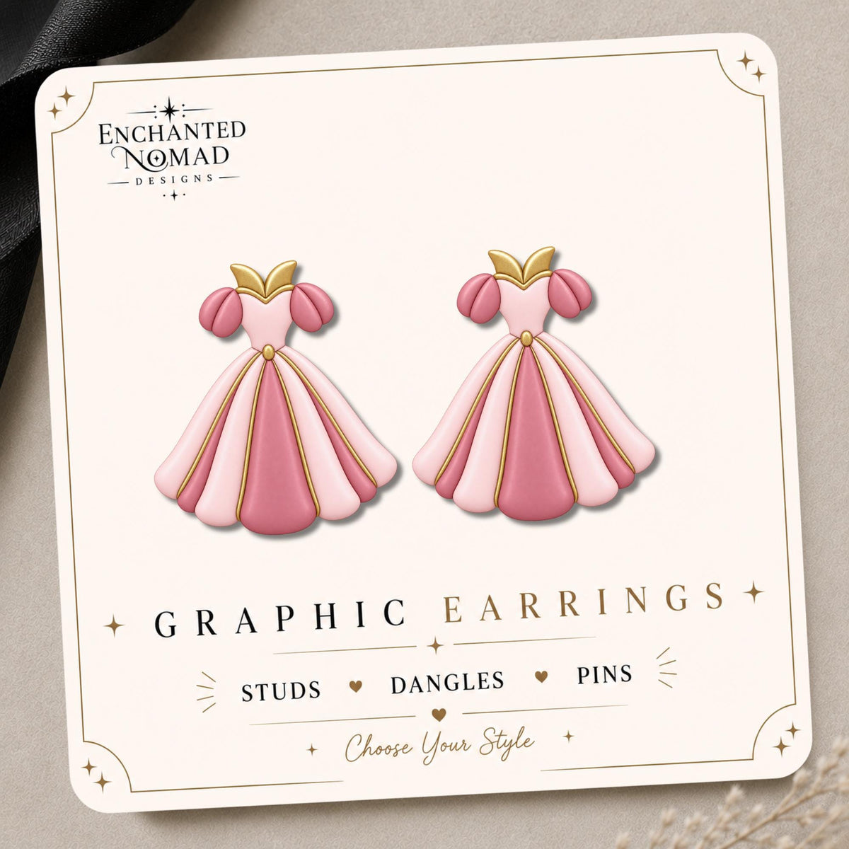Pink Princess Dress Earrings & Pins on a display card