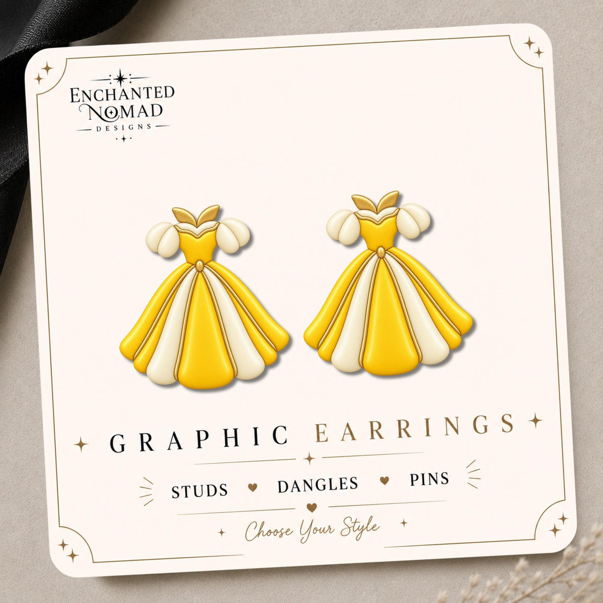 Yellow Princess Dress Earrings & Pins on a display card
