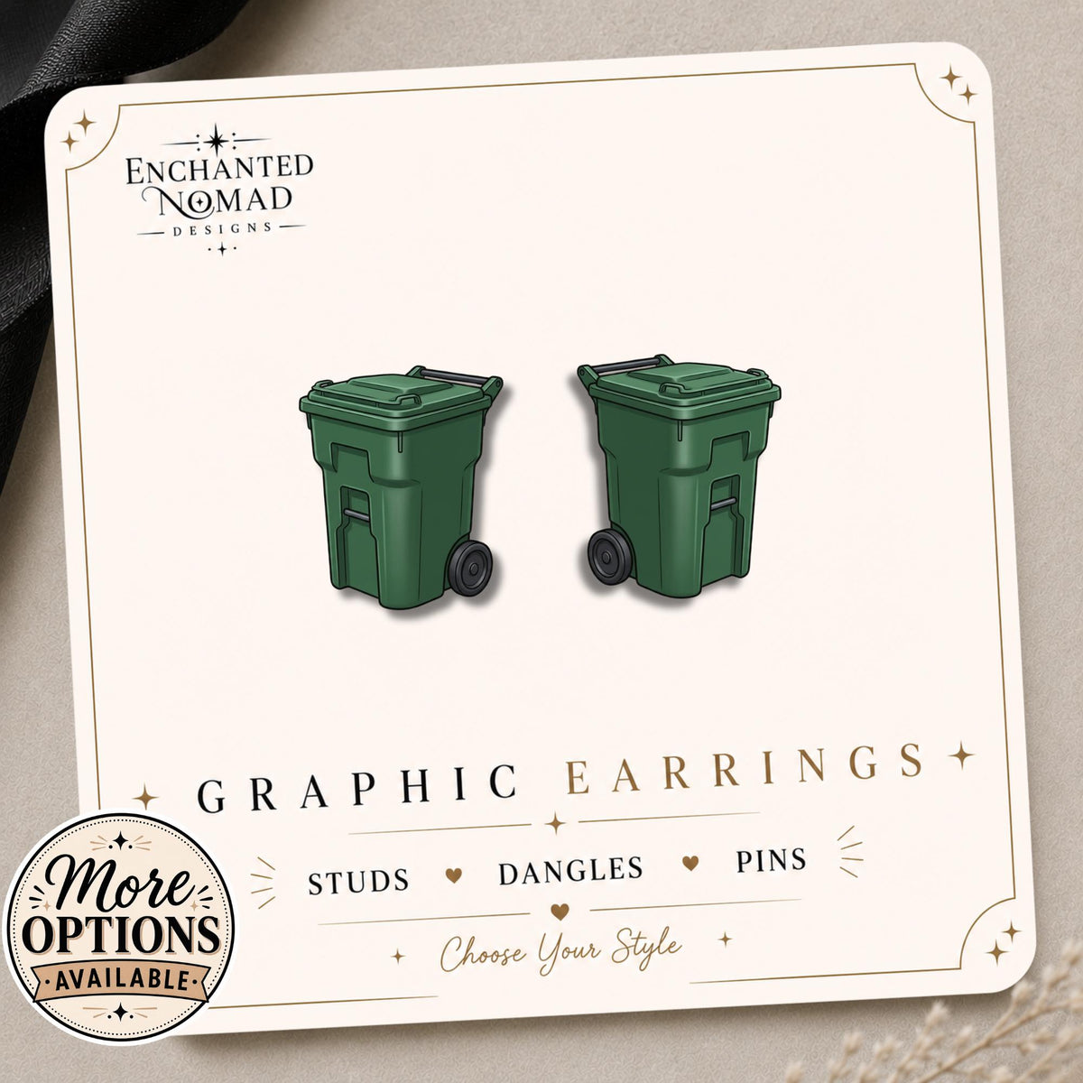 Trash and Recycling Cans Earrings & Pins on a display card