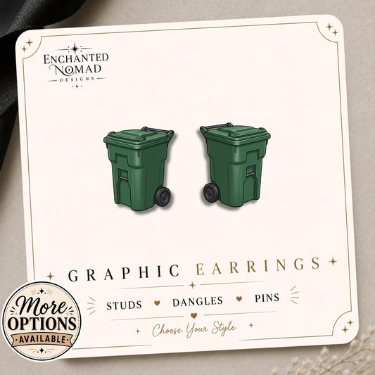 Trash and Recycling Cans Earrings & Pins on a display card
