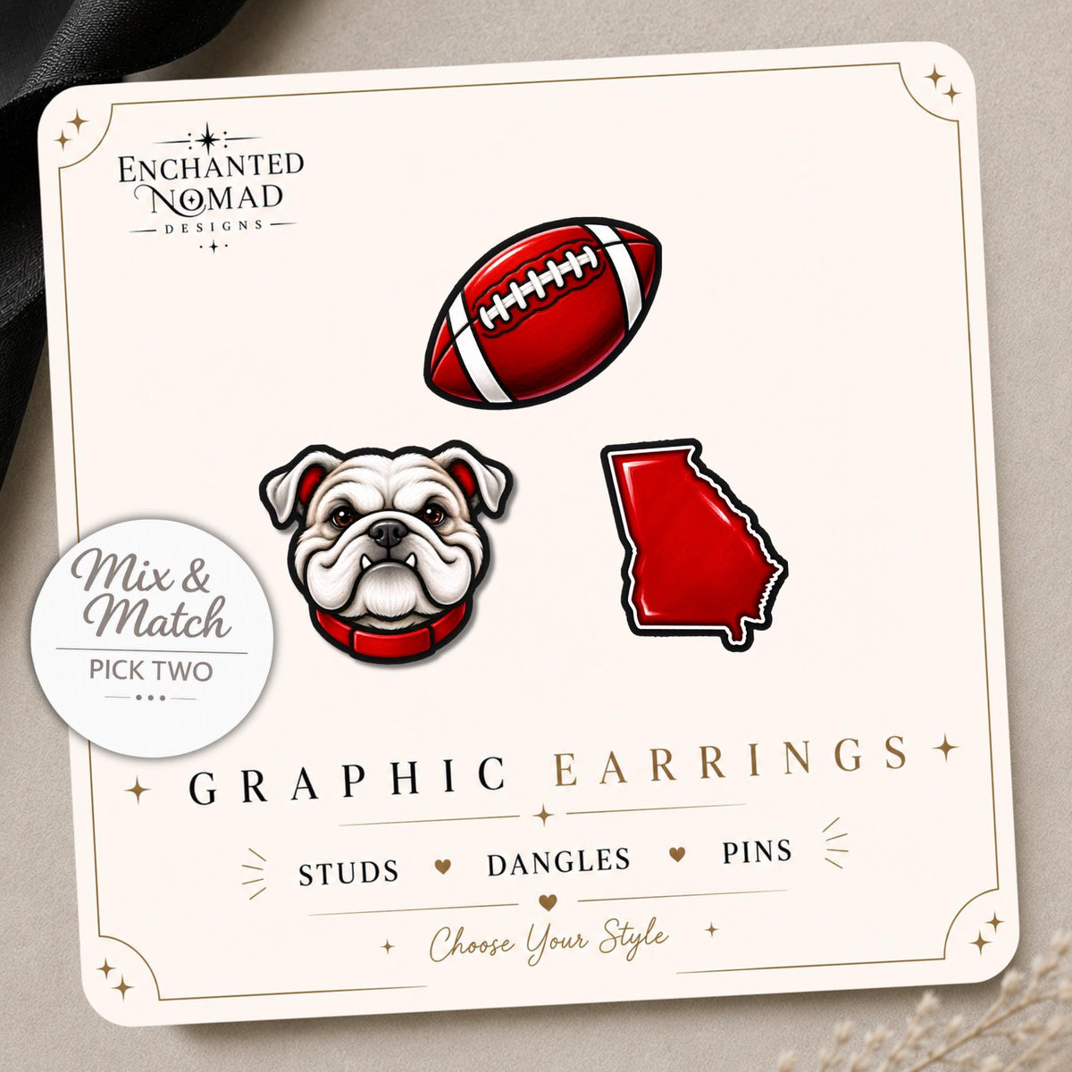 Bulldog Football and State Earrings & Pins on a display card