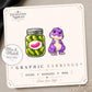 Pickle and Dinosaur Earrings & Pins on a display card