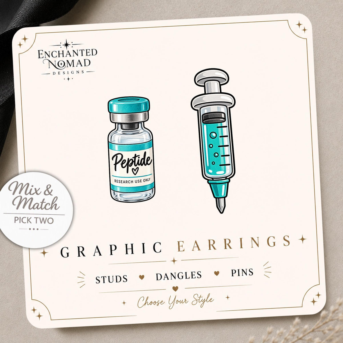 Peptide Vial and Syringe Earrings & Pins on a display card