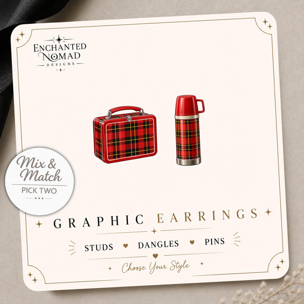 Vintage Plaid Thermos and Lunch Box Earrings & Pins on a display card