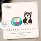 Hungry Cat and Food Bowl Earrings & Pins on a display card