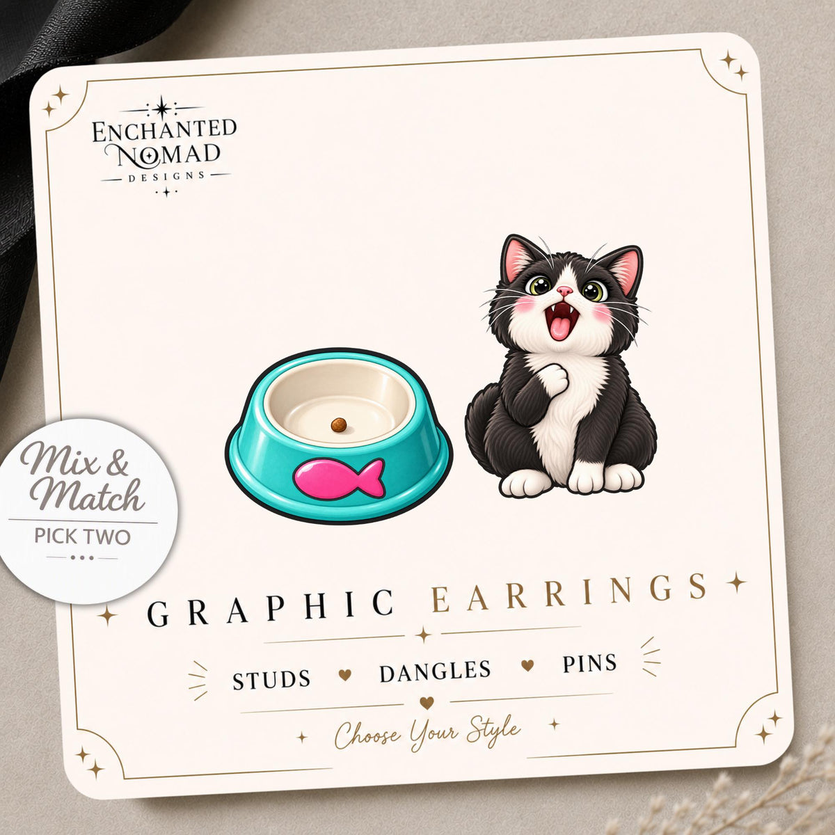 Hungry Cat and Food Bowl Earrings & Pins on a display card
