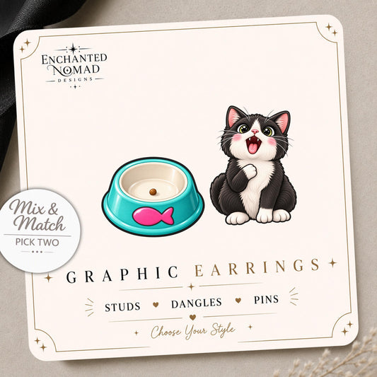 Hungry Cat and Food Bowl Earrings & Pins on a display card