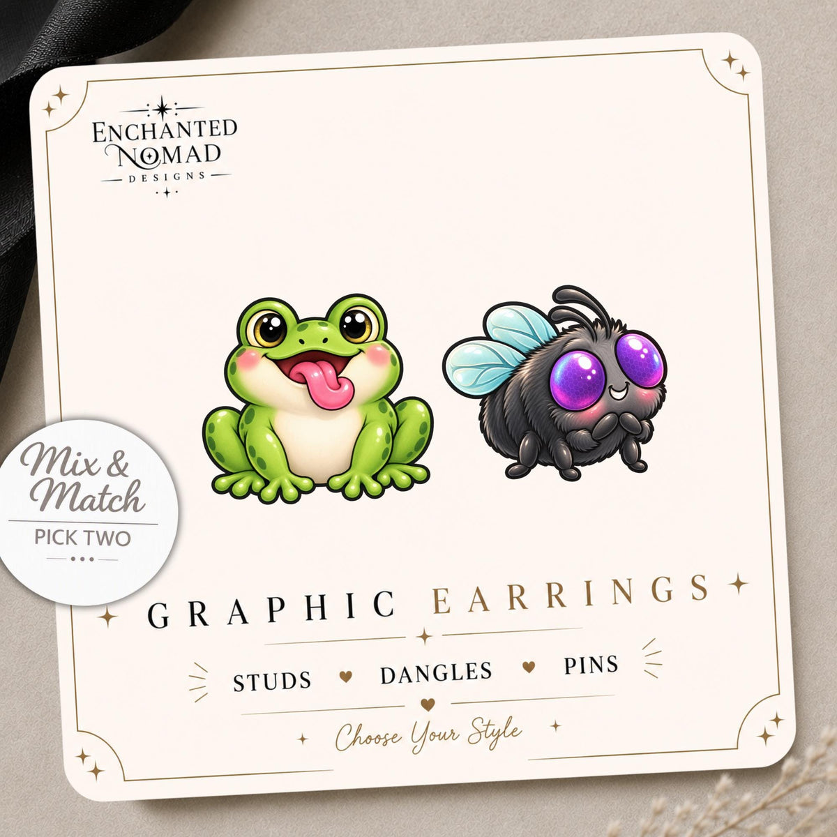 Frog and Fly Earrings & Pins on a display card