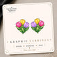 Tulip graphic earrings and pins on a display card