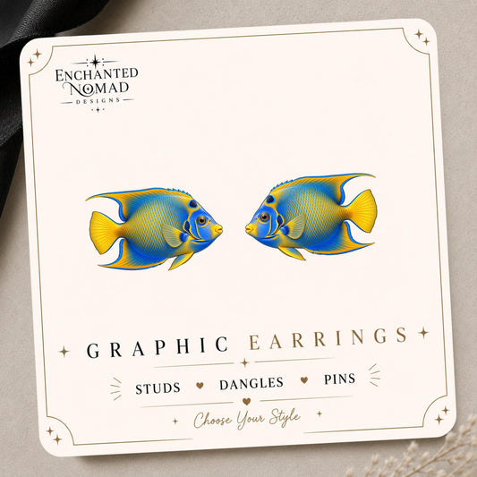 Blue Angelfish graphic earrings and pins on a display card