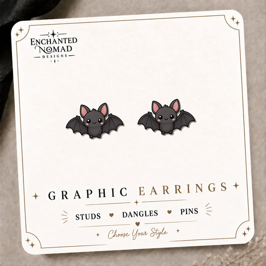 Kawaii Bat Earrings & Pins on the tilted Enchanted Nomad Designs card