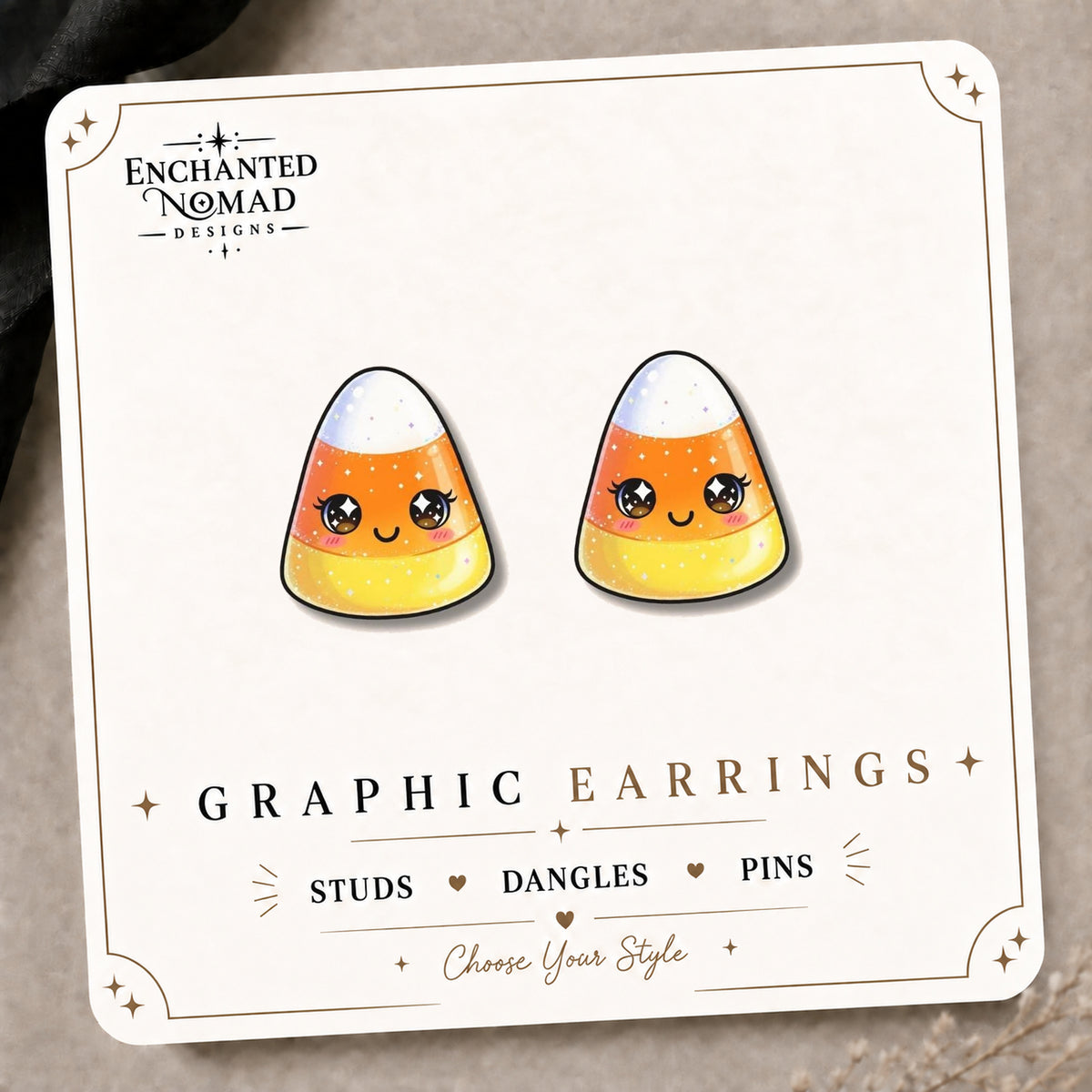 Kawaii Candy Corn Stud Earrings on the tilted Enchanted Nomad Designs card