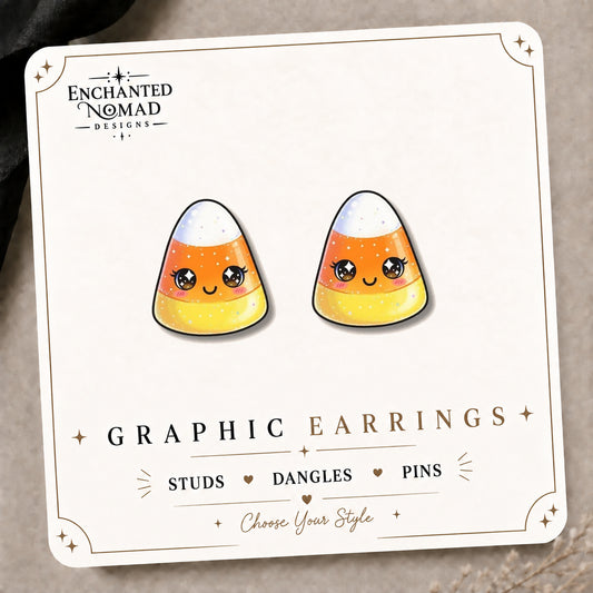 Kawaii Candy Corn Stud Earrings on the tilted Enchanted Nomad Designs card