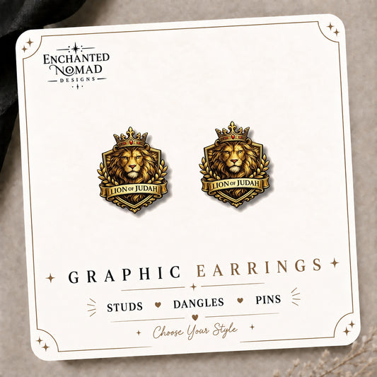 Lion of Judah Stud Earrings on the tilted Enchanted Nomad Designs card