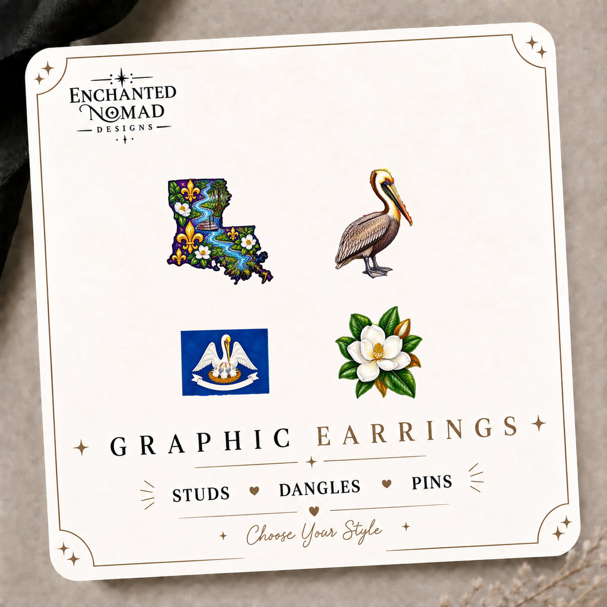 Louisiana Mix & Match Stud Earrings on the tilted Enchanted Nomad Designs card