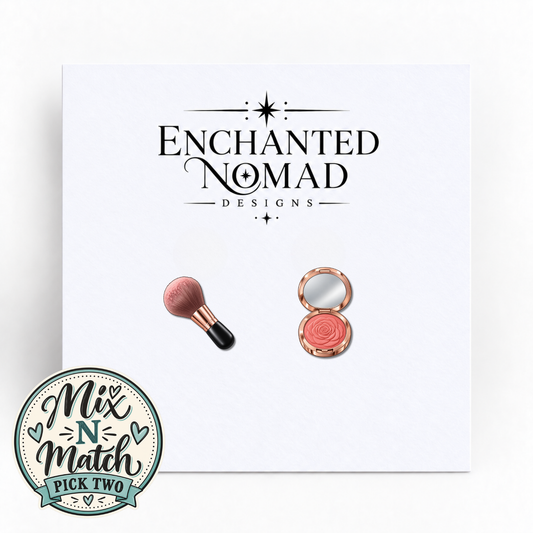 Makeup Brush and Blush Compact graphic earrings