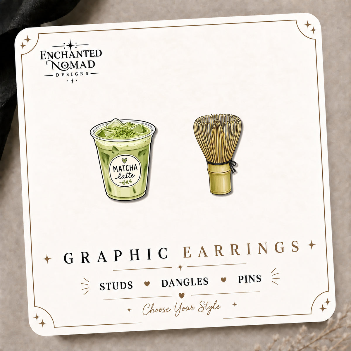Matcha latte and bamboo whisk designs on the Enchanted Nomad Designs card