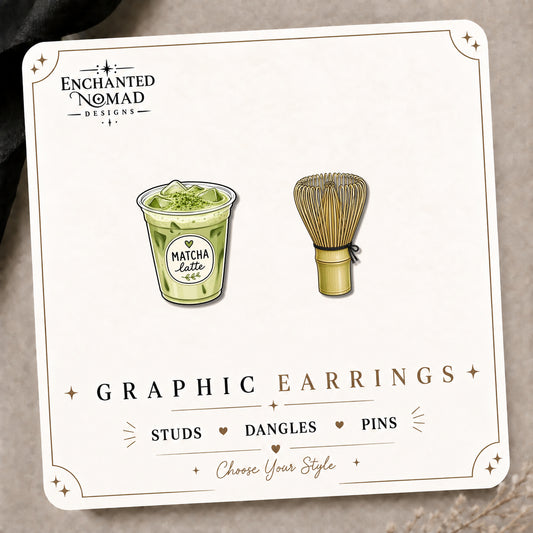 Matcha latte and bamboo whisk designs on the Enchanted Nomad Designs card