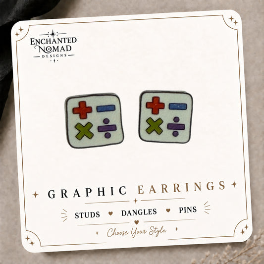 Math Symbol Stud Earrings on the tilted Enchanted Nomad Designs card