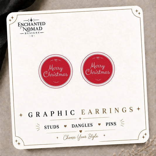 Merry Christmas Stud Earrings on the tilted Enchanted Nomad Designs card